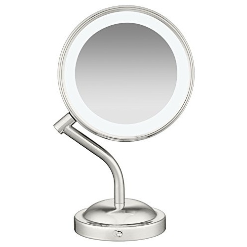 image:imageConair DoubleSided Battery Operated Lighted Makeup Mirror Lighted Vanity Makeup Mirror with LED Lights 1x 5x Magnification Polished Chrome FinishSatin Nickel Finish