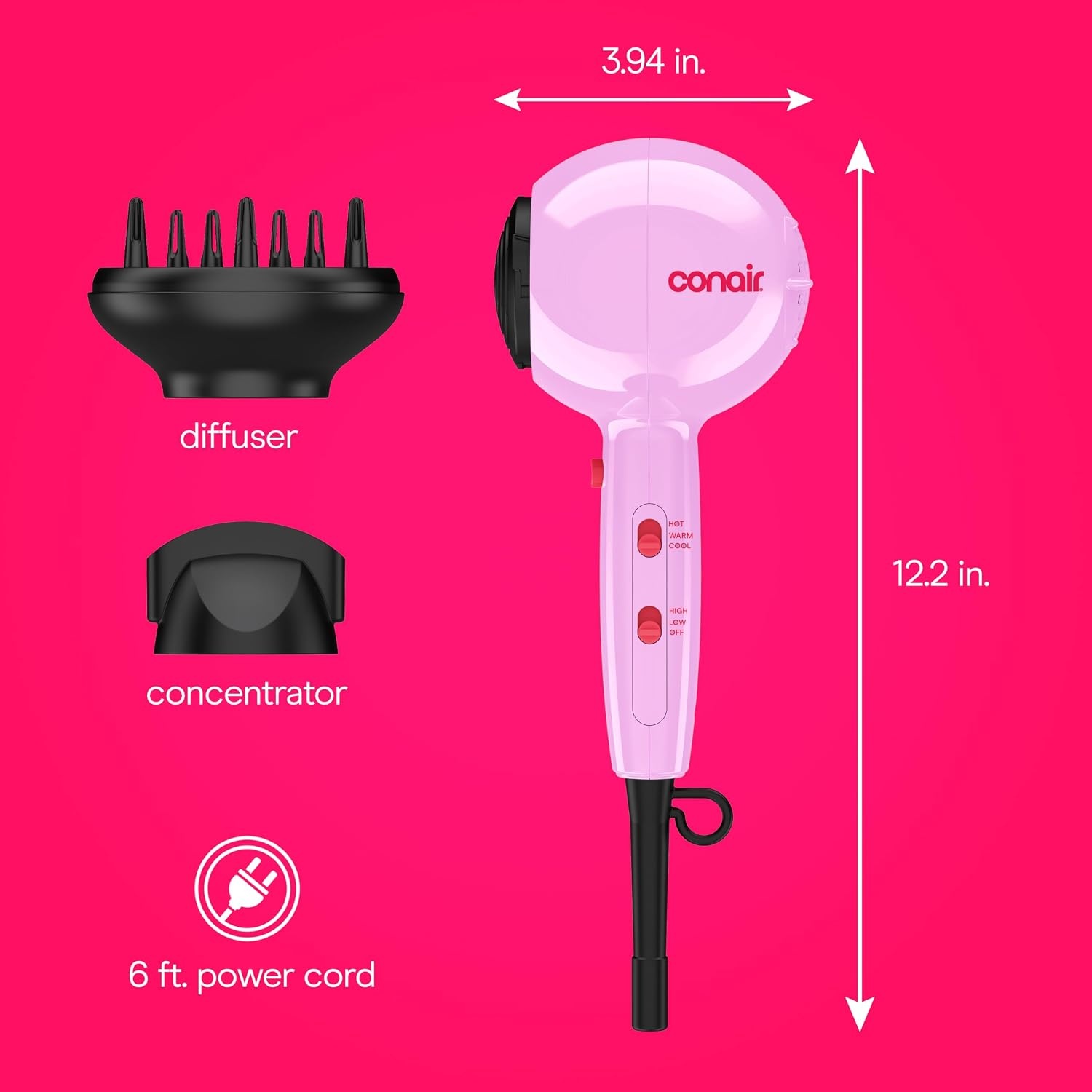 image:imageConair Cake Pop Blowout Kit Hair Dryer with Diffuser amp Concentrator Round Brush 3 Claw Clips Blow Dryer for Women Tourmaline Ceramic Technology 3 Heat2 Speeds Lilac 505AMZ