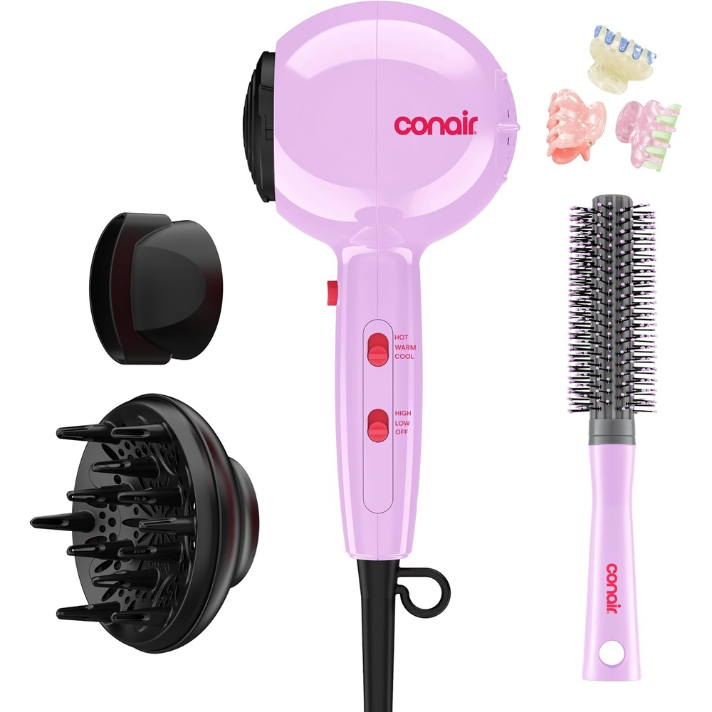 image:imageConair Cake Pop Blowout Kit Hair Dryer with Diffuser amp Concentrator Round Brush 3 Claw Clips Blow Dryer for Women Tourmaline Ceramic Technology 3 Heat2 Speeds Lilac 505AMZ